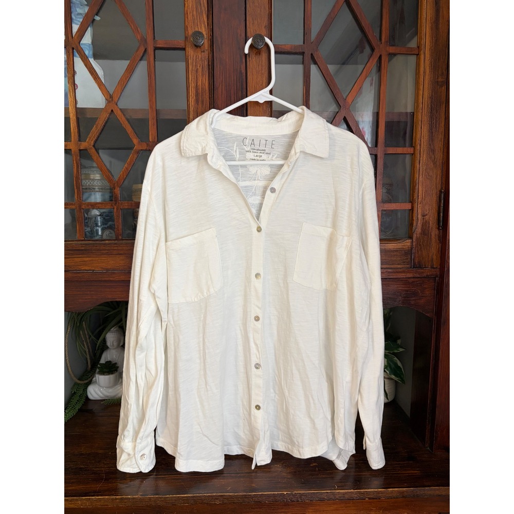 Caite Amara White Embroidered Slub Cotton Button Down Shirt Large RN 152454